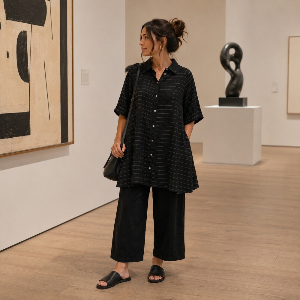 BUYKUD Black Striped Crinkle Linen Button Down Tunic Dress Pockets Lagenlook L